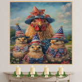 Mother Chicken with Three Baby Chicks in Patriotic Outfits and Hats American Flag Oil Painting on Ready to Hang 1.5" Thick Canvas Wrap, Floating Framed Canvas, Flat Rolled Canvas